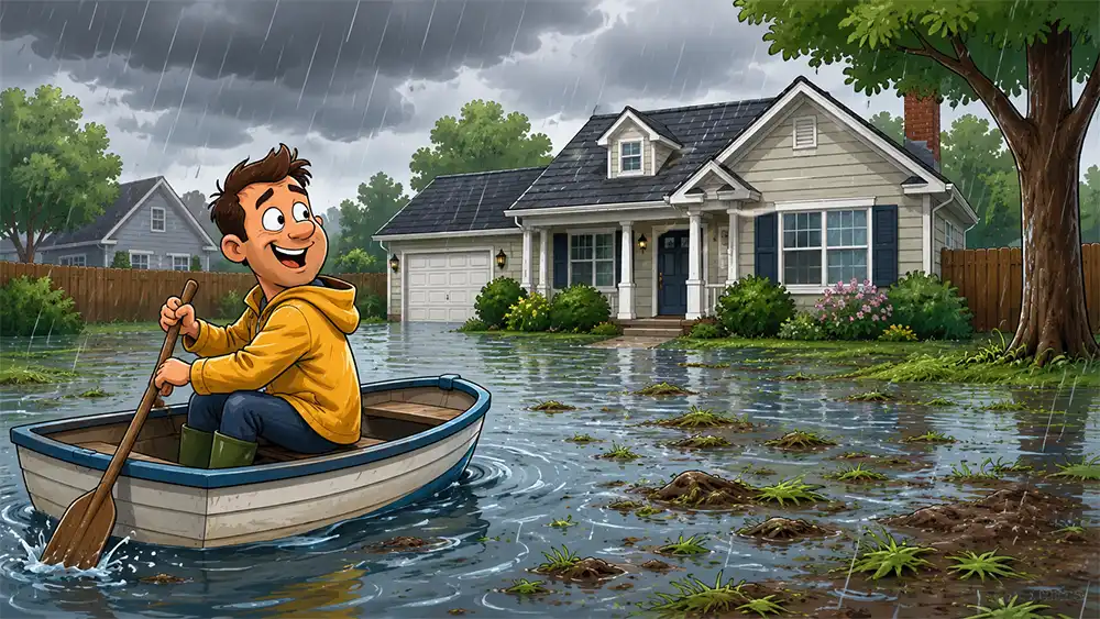 guy paddling boat in street
